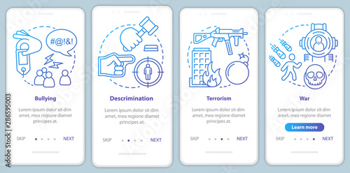 Social violence onboarding mobile app page screen with linear concepts. Bullying, discrimination, terrorism, war walkthrough steps, instructions. Social issues. UX, UI, GUI vector template with icons