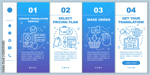 Translation service process onboarding mobile web pages vector template. Responsive smartphone website interface idea with linear illustrations. Webpage walkthrough step screens. Color concept