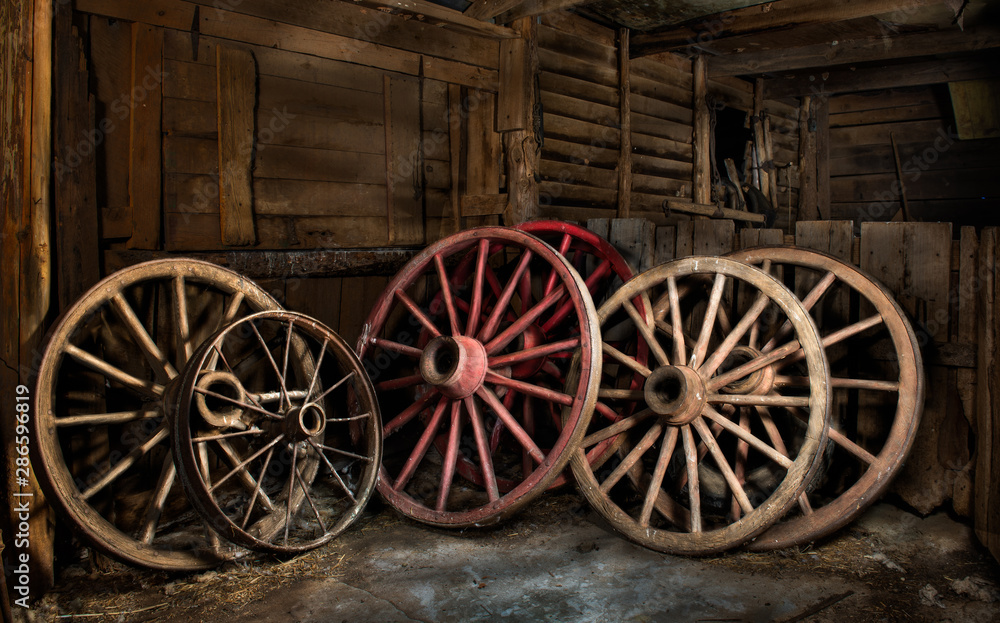 Old wagon wheels in barn in central Virginia.