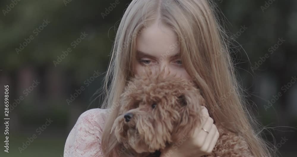 Beautiful young girl holding a dog in her arms. Beautiful young girl holding a dog in her arms.