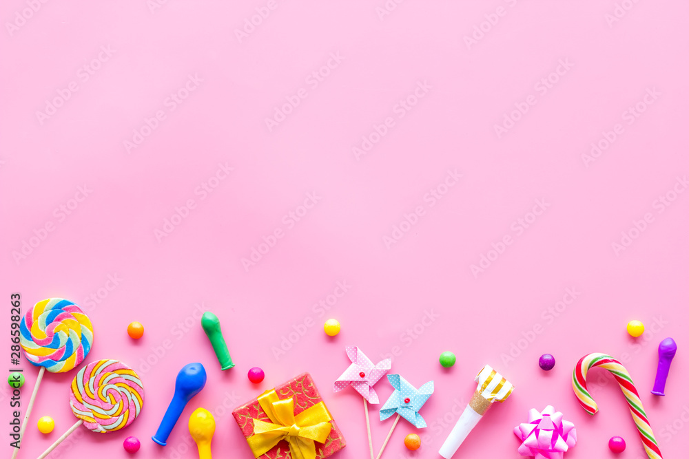 Decoration for party frame on pink background top view mockup