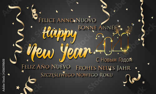 2020 New Year in Different Languages (Bonne Année, Frohes Neues Jahr, Feliz Año Nuevo, С Новым Годом, and Szczęśliwego Nowego Roku). Happy New Year greeting card. 2020 Happy New Year background.