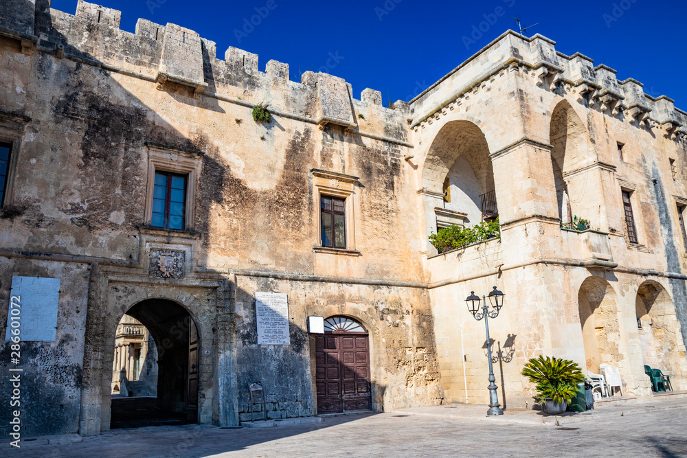 August 22, 2019 - Cavallino, Lecce, Puglia, Salento, Italy - The castle, or ducal palace, of the Castromediano Lymburgh, with battlements and bastion. Presents architectural elements in Baroque style.