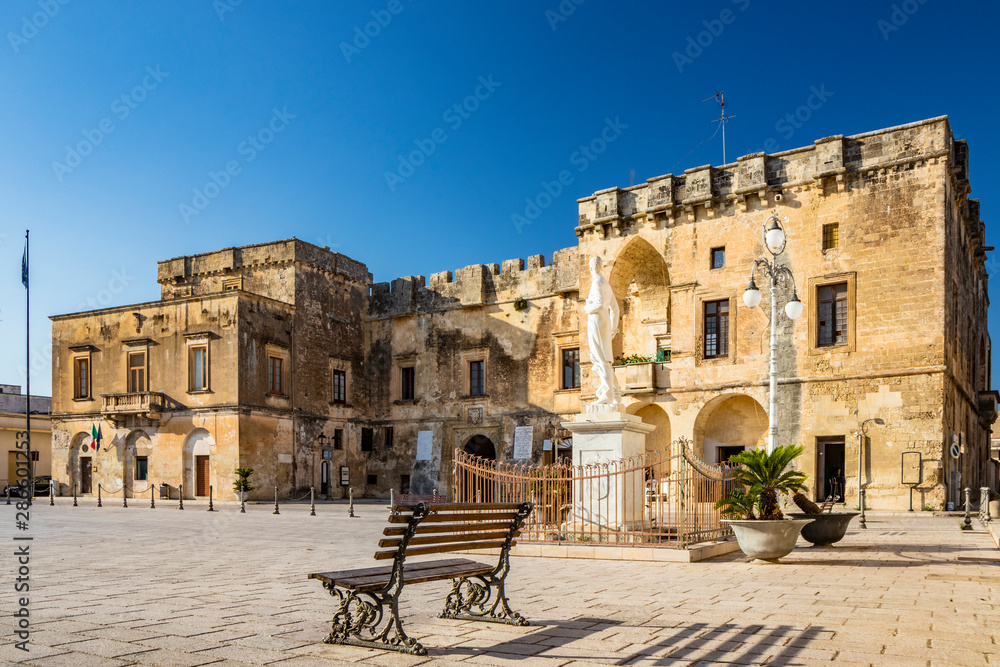 Cavallino, Lecce, Puglia, Salento, Italy - The castle, or ducal palace, of the Castromediano Lymburgh, with battlements and bastion. Presents architectural elements in Baroque style.