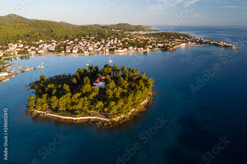 Aerial view of Galevac islet and Preko town, Ugljan island, Croatia photo