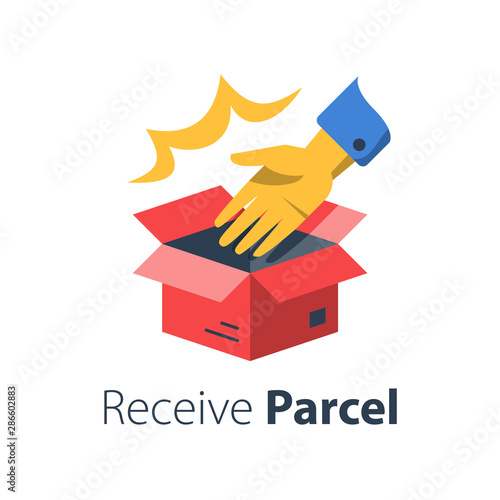 Delivering shop order, open box and hand, pick up pint, give away parcel