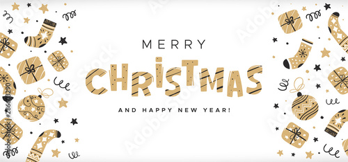 Christmas background with socks, toys and gifts. Unique holiday template for poster, greeting card, flyer