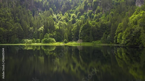 Aerial on mountain lake and green forest trees. Forest reflection in the water. Beautiful aerial landscape with lake and forest.Drone shot over a beautiful mountain forest lake.Magical atmosphere