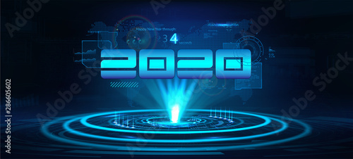 Fototapeta Naklejka Na Ścianę i Meble -  2020 technology banner. Happy New Year concept. Digital data visualization, Business technology. Hologram 2020 with interface,countdown, lens flare and earth map in the background. Vector illustration