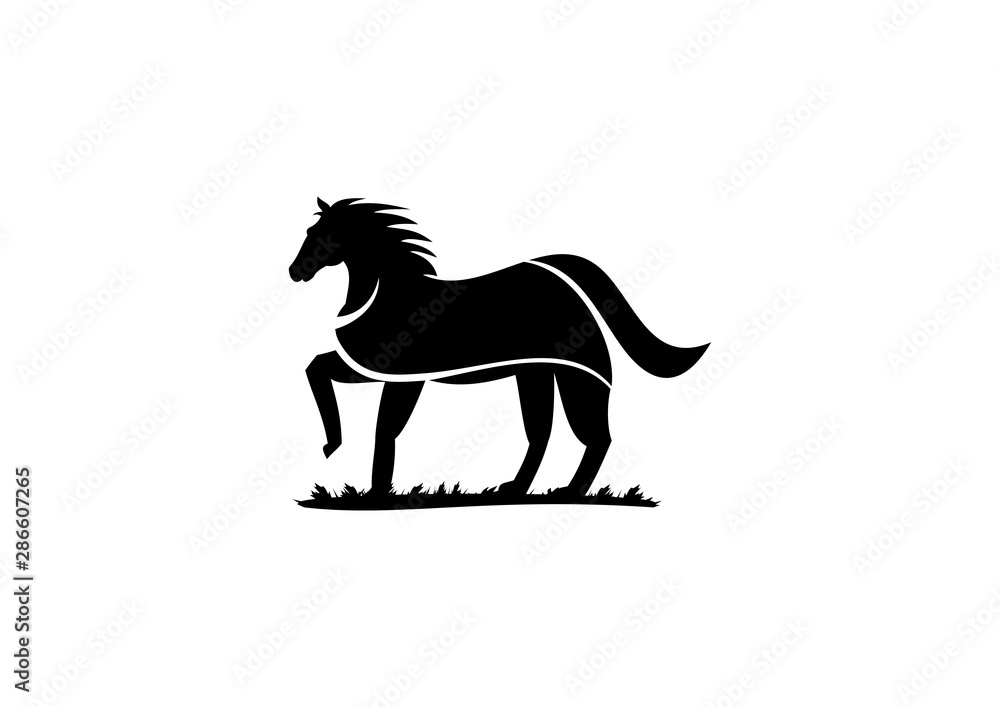 Fototapeta premium Horse Silhouette vector logo walking on the grass