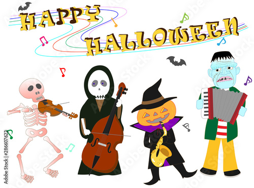 ハロウィンの日に楽器を演奏しているキャラクターたち。