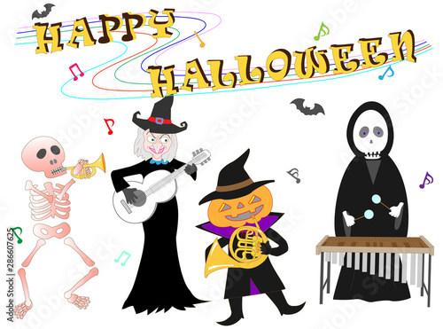 ハロウィンの日に楽器を演奏しているキャラクターたち。