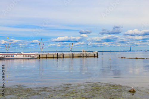 Hydrofoil boats moored at the open coast of Gulf of Finland  in Peterhof  suburb of St. Petersburg   Russia