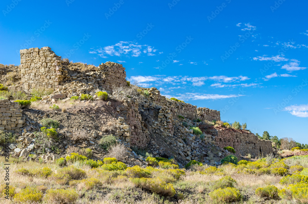 USA, Nevada, White Pine County, White Pine Range, Hamilton Mining District, Eberhardt. The ruins of the large stone  Stanford Mill in Applegarth Canyon at Eberhardt Mine that was abandoned in 1885.