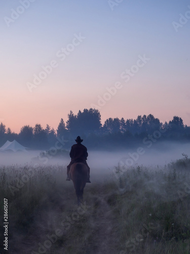 Silhouette of a man on a horse who rides through the morning fog © alexkazachok