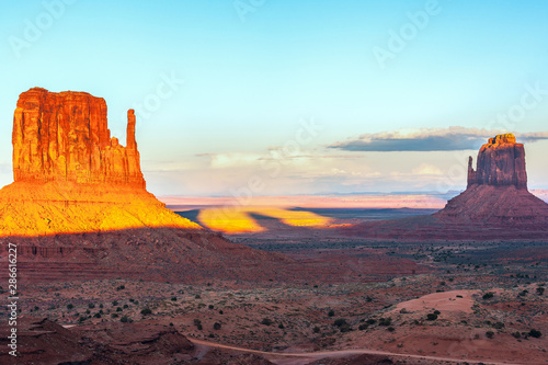 View of the West and East Mittens with a shadow between them in Navajo Nation’s Monument Valley Park.Arizona.USA