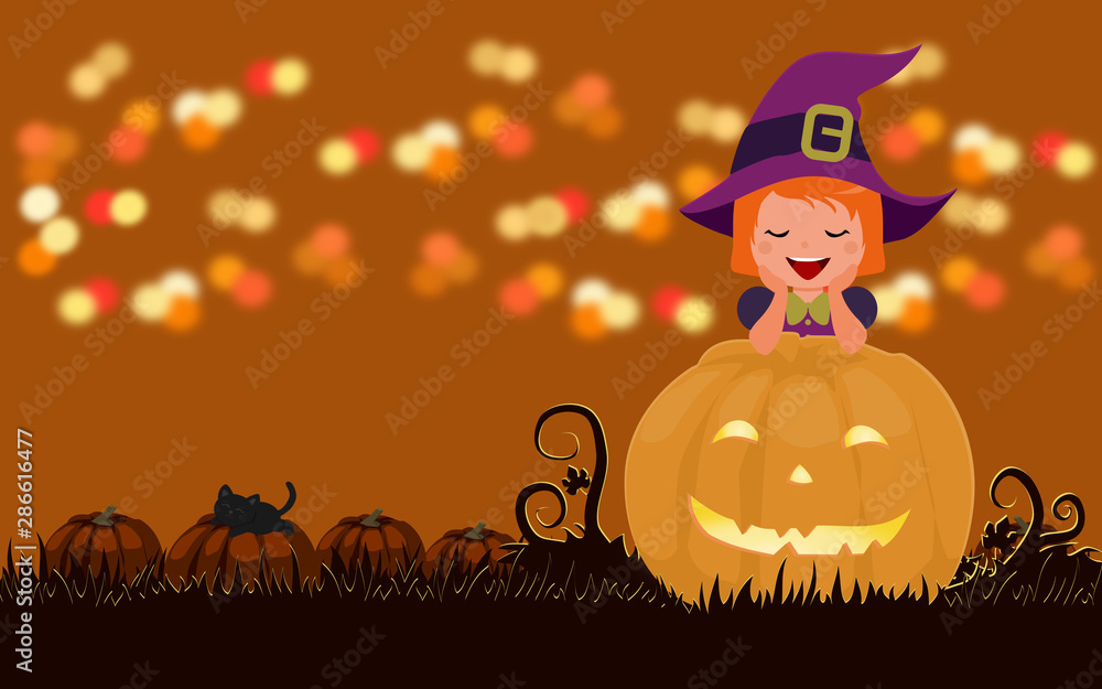 Fototapeta premium Halloween greeting card. Cute little witch, Jack-'o-lantern and black cat in pumpkin garden at night with beautiful bokeh background. Flat design illustration.