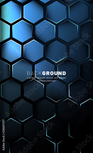 Vertical hexagon background. Gradient color light pattern with dark background technology style. Honeycomb. Vector illustration of light.