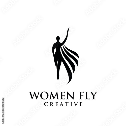 women fly angel logo, award, and wings with silhouette style