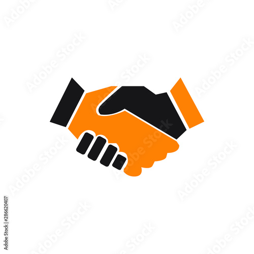 Handshake business logo - two hands make a deal on white background. Cooperation, partnership and agreement vector icon