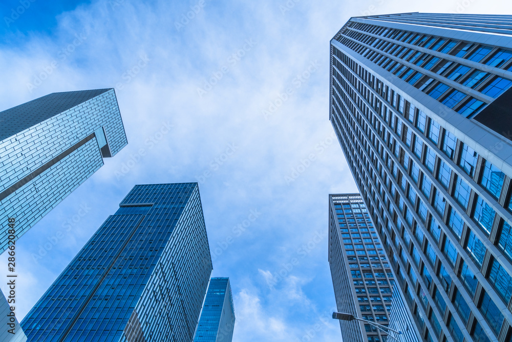 low angle view of skyscrapers in city of China.