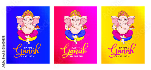 Happy Ganesh Chaturthi. Indian Festival of cute lord Ganapati Banner, Logo design, Concept, Greeting Card, Template, Icon, Poster, Unit, Label, Web, Mnemonic on yellow, pink and blue Background vector