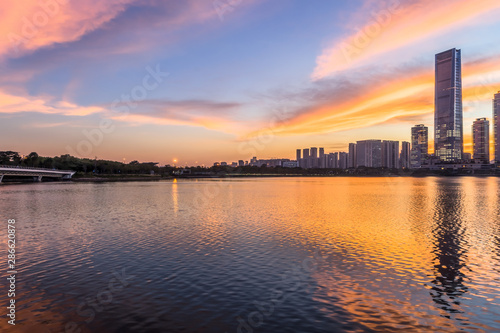 urban skyline and modern buildings at dusk, cityscape of China.