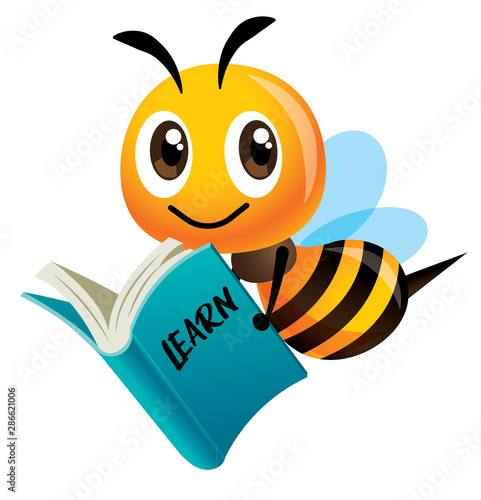 Cartoon cute smiling bee mascot carrying a blue book. Back to school - Vector mascot isolated