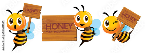 Cartoon cute bee mascot set. Cartoon cute bee with natural wooden signage or signboard - Vector character illustration isolated