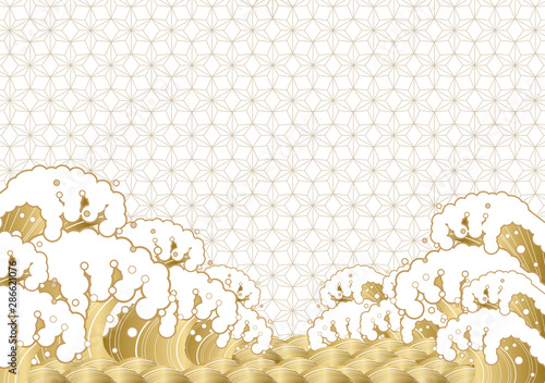 津波　海　浮世絵　和風　手書き　地紋　背景素材　正月　新年