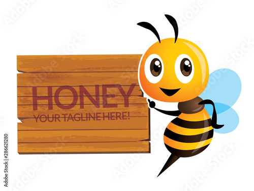 Cartoon cute happy bee character with wording on big wooden signboard - Vector mascot isolated