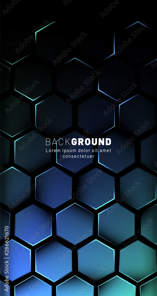 Vertical hexagon background. Gradient color light pattern with dark background technology style. Honeycomb. Vector illustration of light. Vertical hexagon background. Gradient color light pattern with dark background technology style. Honeycomb. Vector illustration of light.
