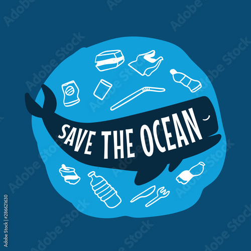Stop ocean plastic pollution. Save the ocean. Whale.