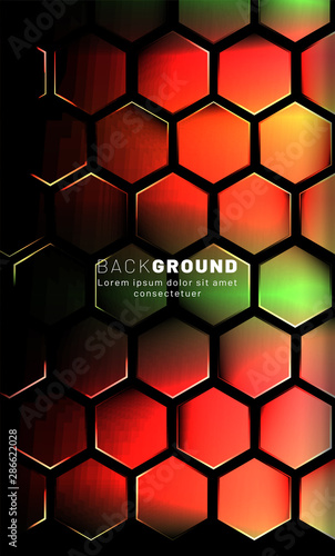 Vertical hexagon background. Gradient color light pattern with dark background technology style. Honeycomb. Vector illustration of light.