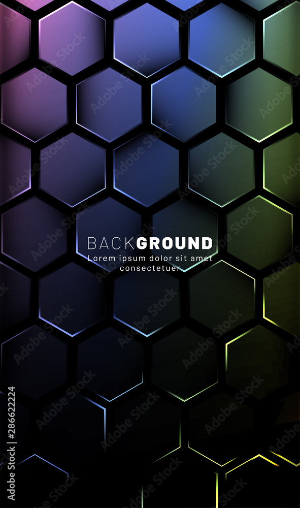 Vertical hexagon background. Gradient color light pattern with dark background technology style. Honeycomb. Vector illustration of light. Vertical hexagon background. Gradient color light pattern with dark background technology style. Honeycomb. Vector illustration of light.
