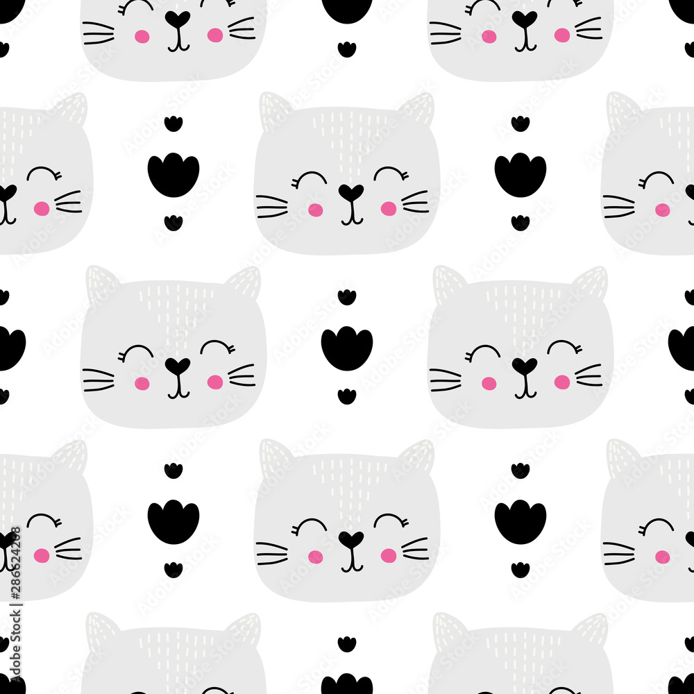 Obraz premium Seamless childish pattern with cat. Design for fabric, wrapping, textile, wallpaper, apparel. Vector illustration.