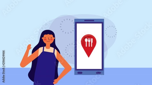 young woman with smartphone and restaurant app photo