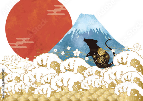 正月　ねずみ　初日の出　富士山　世界遺産　津波　海　浮世絵　背景　日本