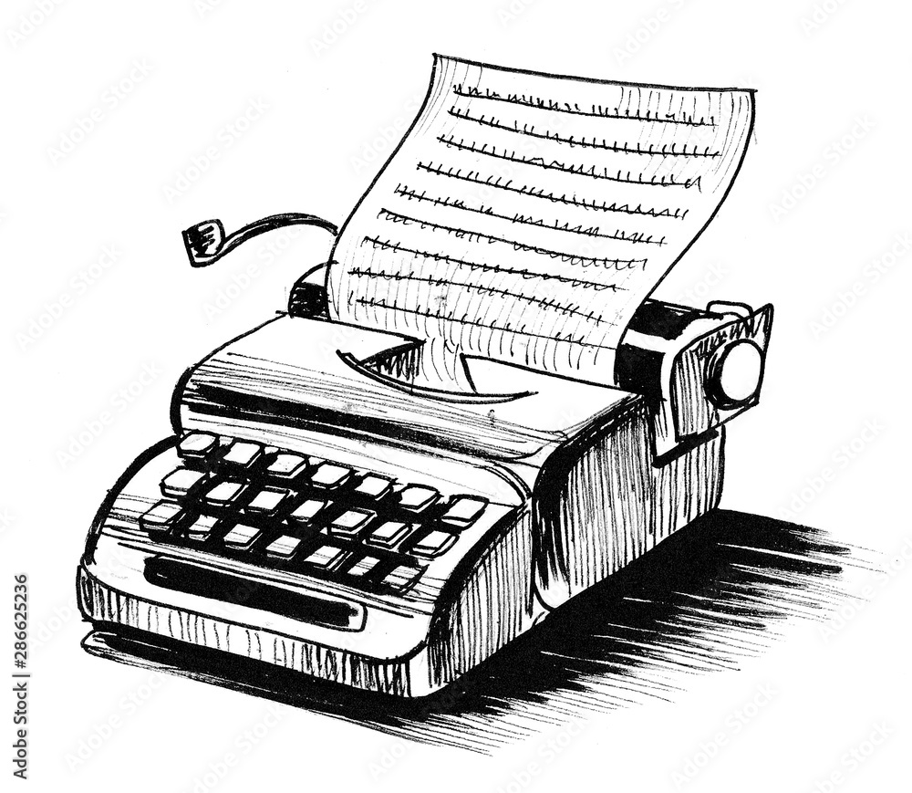 Vintage typewriter. Ink black and white drawing Stock Illustration