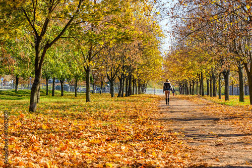 Lonely young woman walking in a city park on autumn