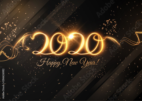 2020 new year shiny numbers vector light trail background.