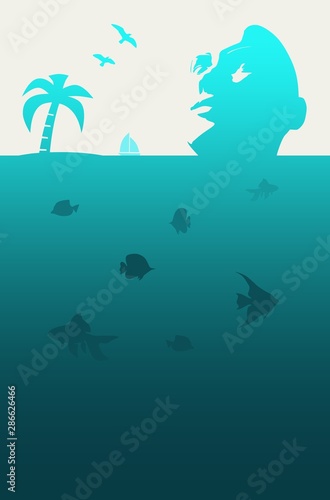 Silhouette of diver. Underwater world background. Marine life. Double exposure design. Human head as part of ocean