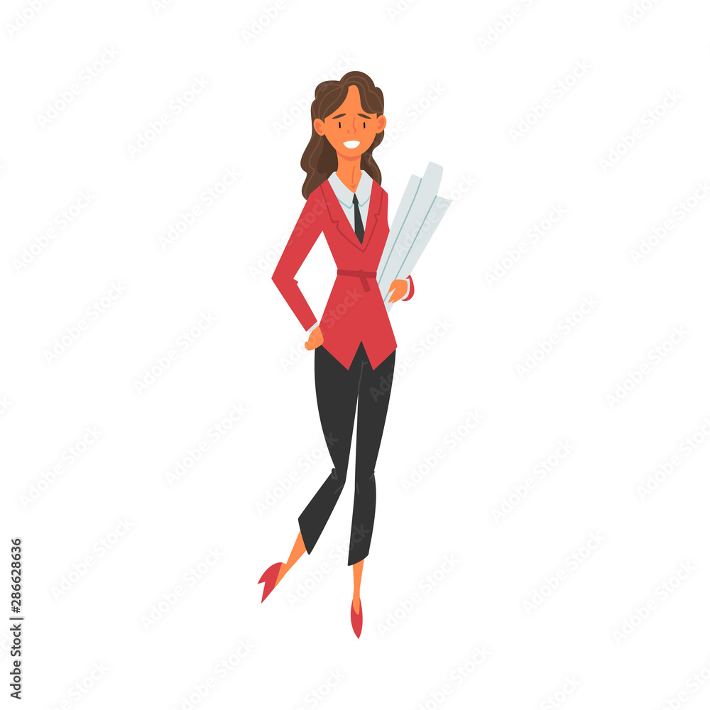 Smiling Female Architect, Professional Construction Worker Engineer Character with Projects Blueprints Vector Illustration Smiling Female Architect, Professional Construction Worker Engineer Character with Projects Blueprints Vector Illustration