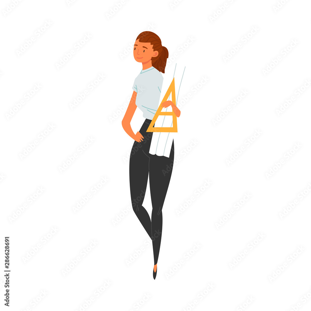 Woman Architect Character, Female Professional Construction Worker with Projects Blueprints and Ruler Vector Illustration Woman Architect Character, Female Professional Construction Worker with Projects Blueprints and Ruler Vector Illustration