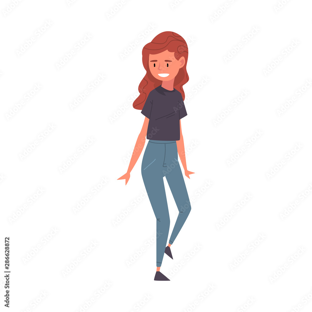 Smiling Girl Wearing Pants and Black T-shirt Standing with Backpack, Happy Student in Casual Clothes Vector Illustration Smiling Girl Wearing Pants and Black T-shirt Standing with Backpack, Happy Student in Casual Clothes Vector Illustration