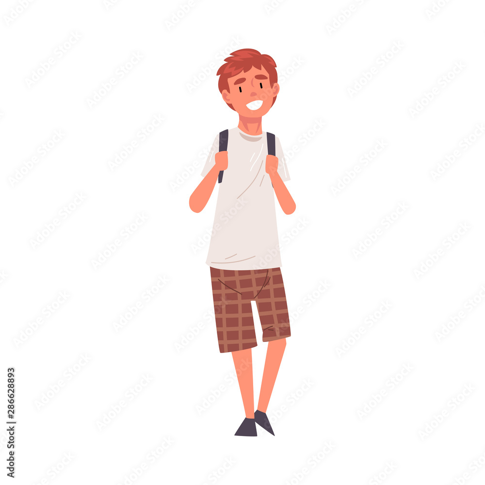 Smiling Guy Standing with Backpack, Happy Student in Casual Clothes Vector Illustration Smiling Guy Standing with Backpack, Happy Student in Casual Clothes Vector Illustration