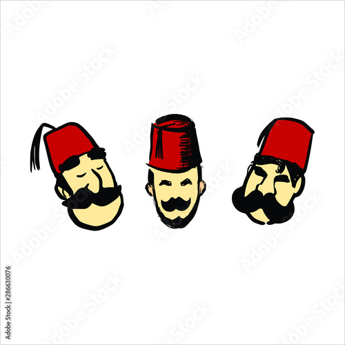 Three Mustache Man with Turkish Fez. Vector Illustration.