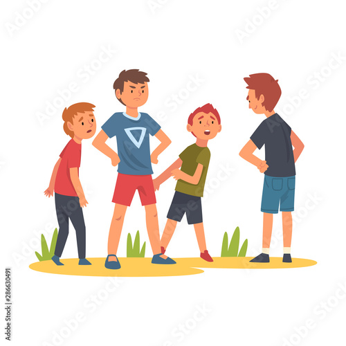 Boy Trying to Stop Boy Who Bullying Kids, Child Defending Little Boy and Girl Who Standing Behind Him Vector Illustration