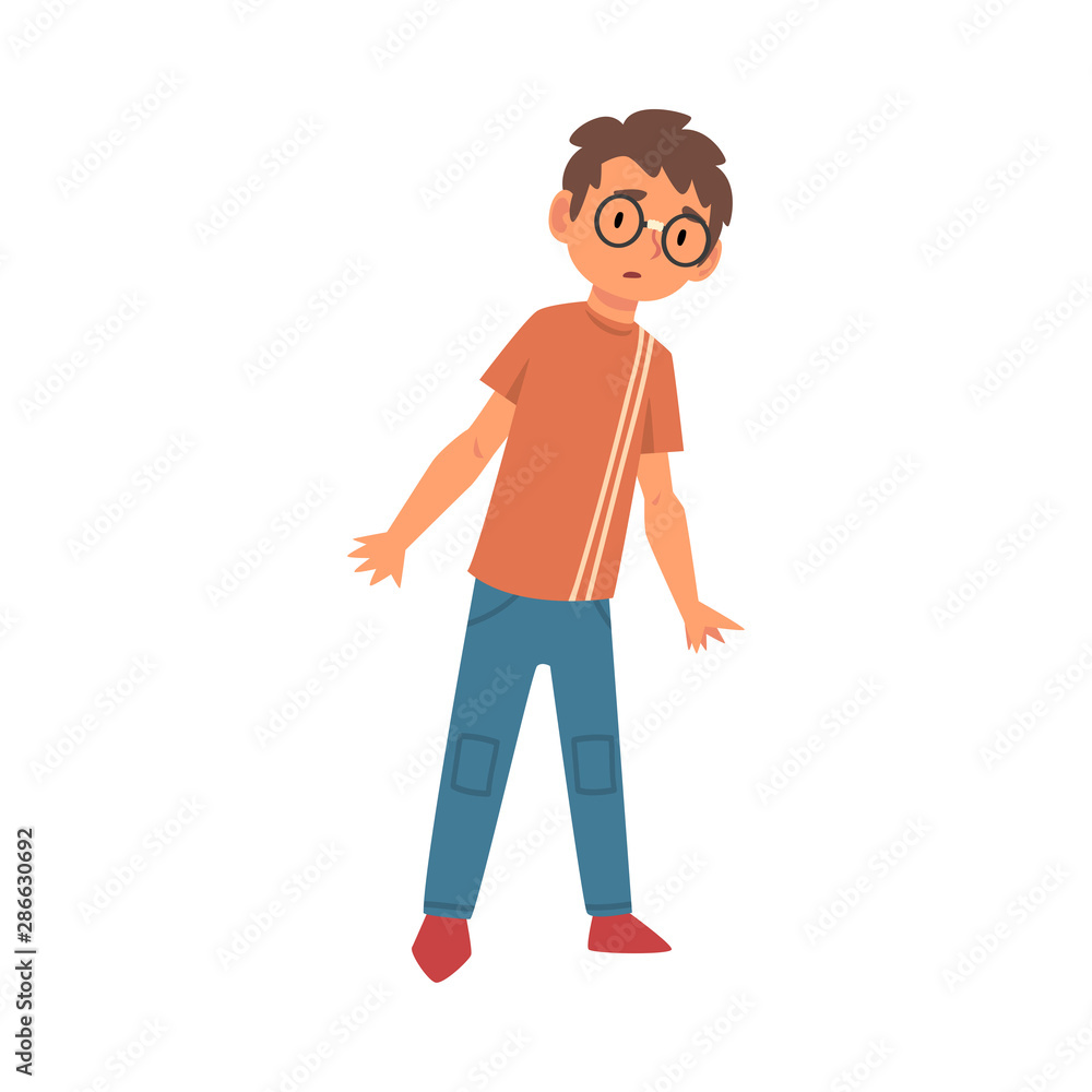 Fototapeta premium Frightened Boy Character Dressed in Glasses and Casual Clothes Cartoon Vector Illustration