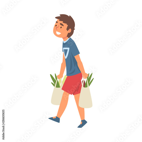 Boy Carrying Shopping Bags with Groceries Vector Illustration